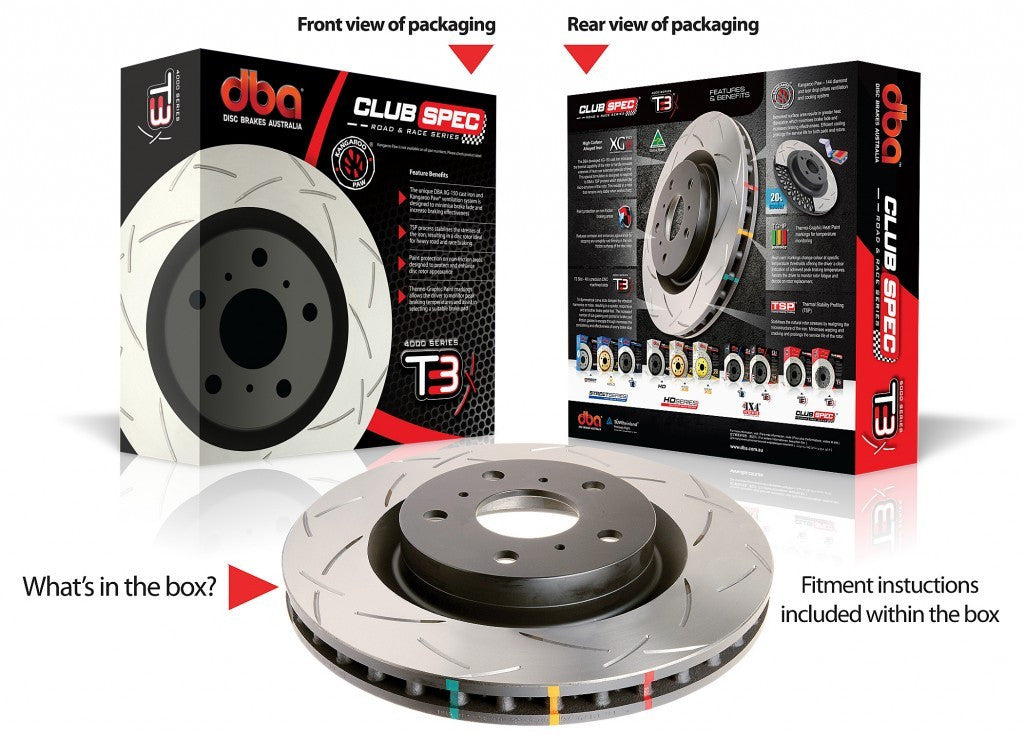 DBA - T3 Slotted Club Spec Rotors - 4000 Series - Rear (Pair) (STi VA 18-20) - YELLOW BREMBO