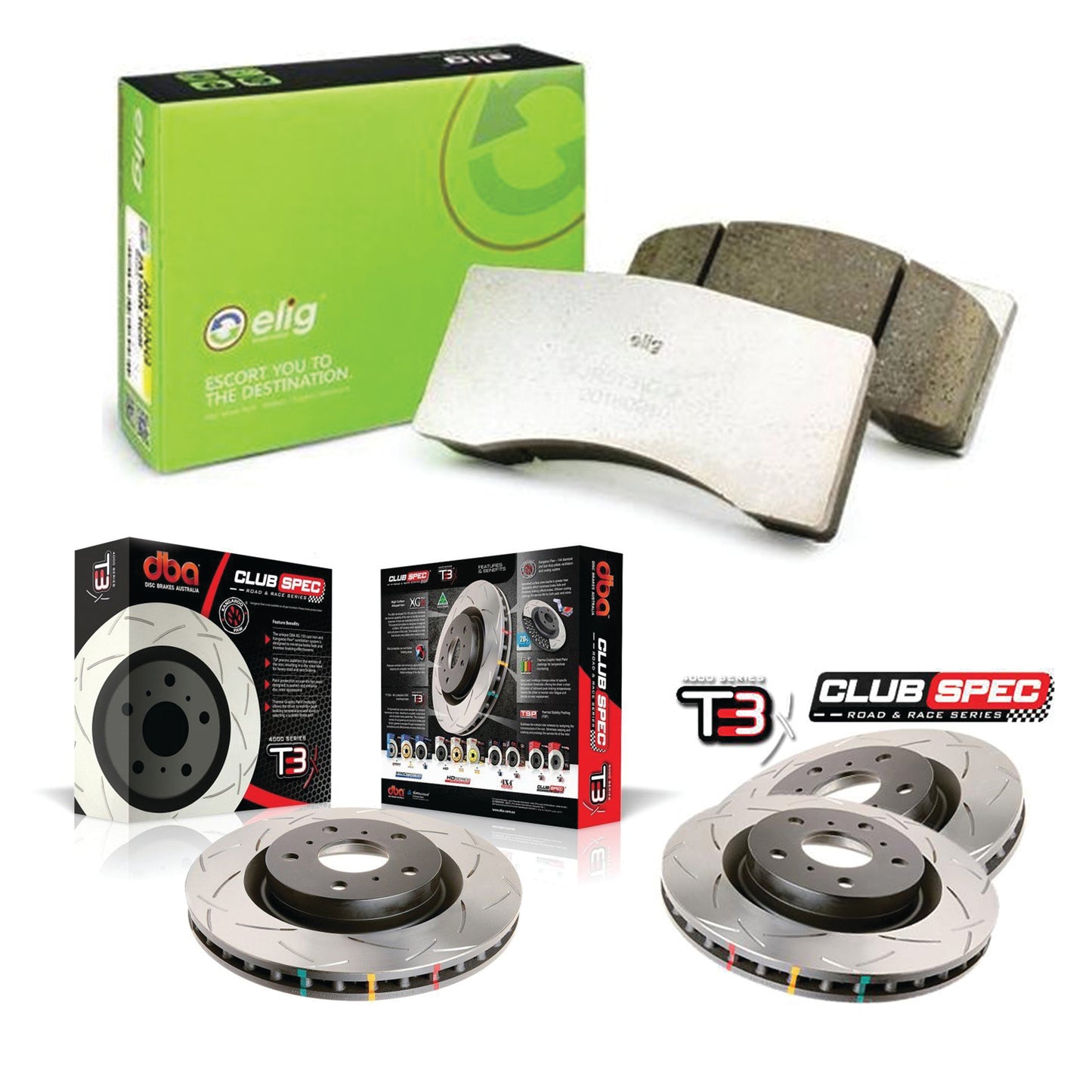 DBA + Elig - Front & Rear Brake Package - DBA T3 Club Spec Rotors + Elig Racing - Brake pads - STi GR/GV (08-14)