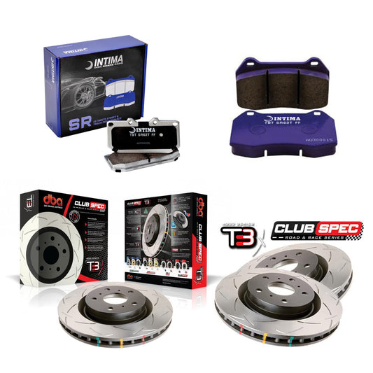 DBA + Intima - Front & Rear Brake Package - DBA T3 Club Spec Rotors + Intima SR Brake pads - STi (18+) (Fluro Yellow Caliper)