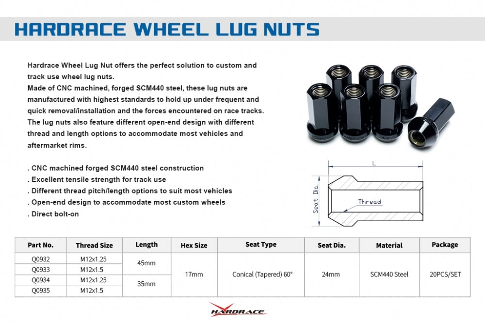 Hardrace - Motorsport Wheel Nuts - M12 x 1.25 45MM OPEN END