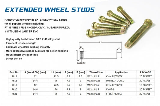 Hardrace Extended Wheel Studs M12x1.25 20Pcs
