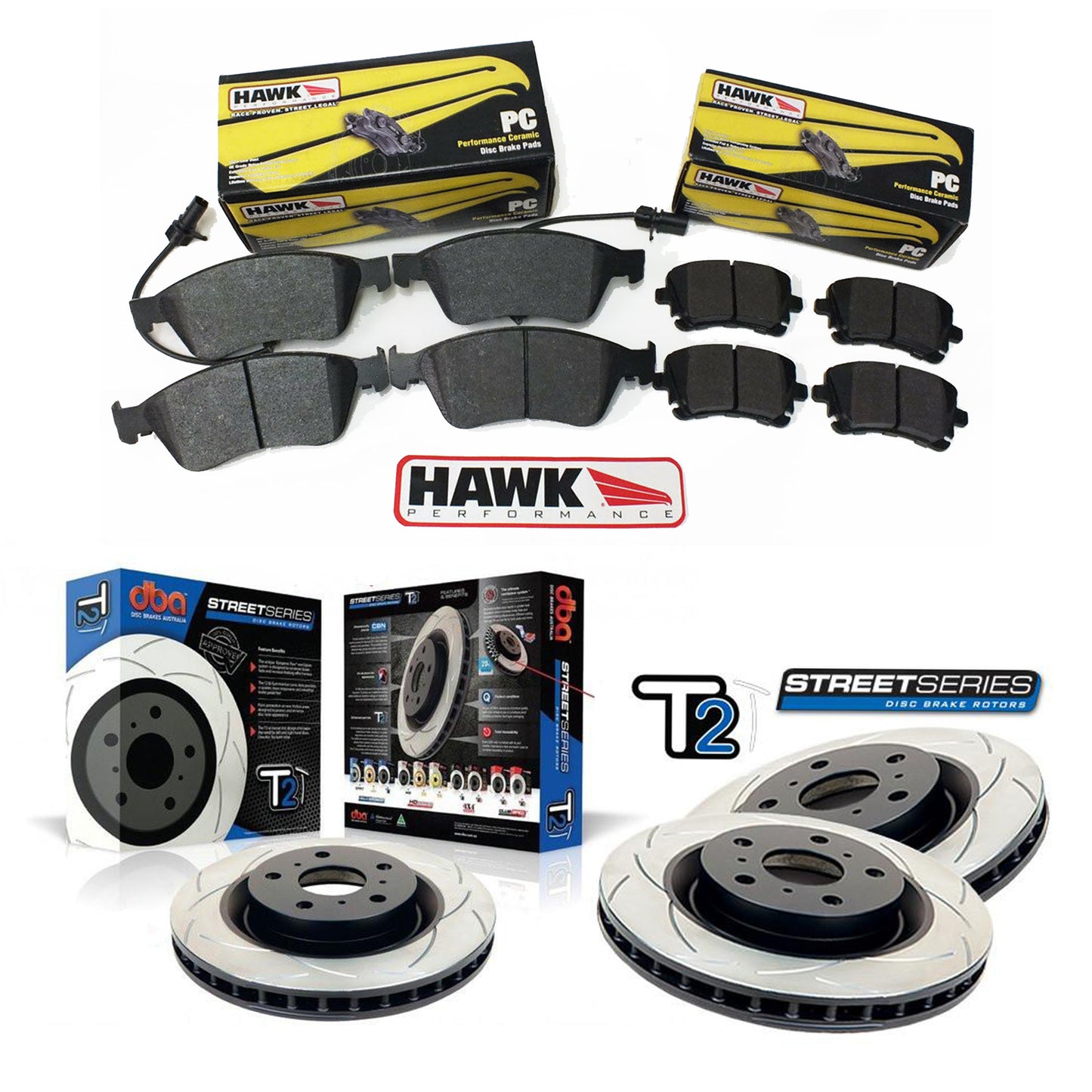 DBA + Hawk Performance - Front & Rear Brake Package - DBA T2 Slotted Rotors + Hawk Performance Ceramic Pads - STi GD (01-07)