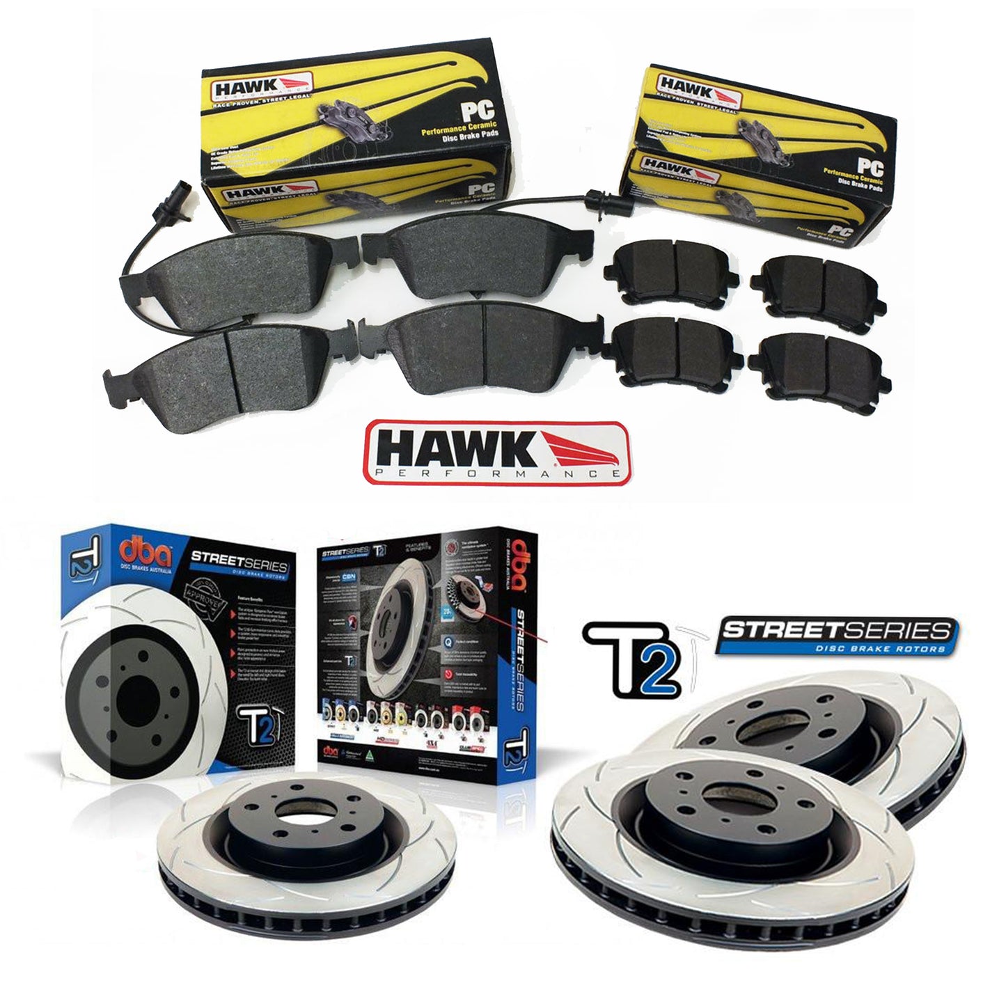 DBA + Hawk Performance - Front & Rear Brake Package - DBA T2 Slotted Rotors + Hawk Performance Ceramic Pads - STi GR/GV (08-14)