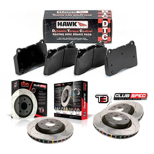 DBA + Hawk Performance - Front & Rear Brake Package - DBA T3 Club Spec Rotors + Hawk Performance DTC-60 Pads - STi GR/GV (08-14)