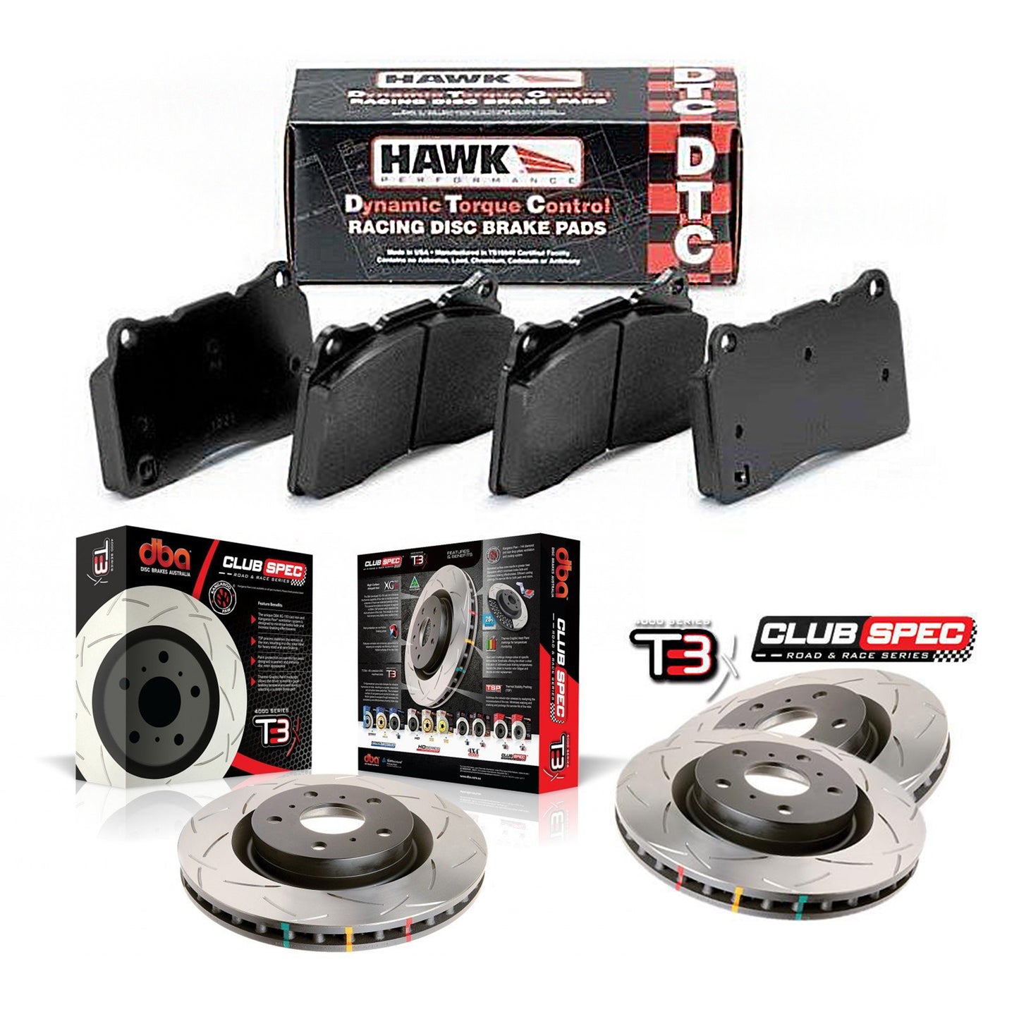 DBA + Hawk Performance - Front & Rear Brake Package - DBA T3 Club Spec Rotors + Hawk Performance DTC-60 Pads - STi GD (01-07)