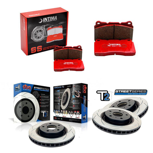 DBA + Intima - Front & Rear Brake Package - DBA T2 Slotted Rotors + Intima SS Brake pads - WRX VA (15-20) ( AUTO W/Electric handbrake )