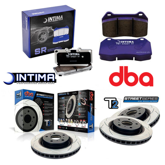 DBA + Intima - Front & Rear Brake Package - DBA T2 Slotted Rotors + Intima SR Brake pads - WRX VB (22+) AUTO