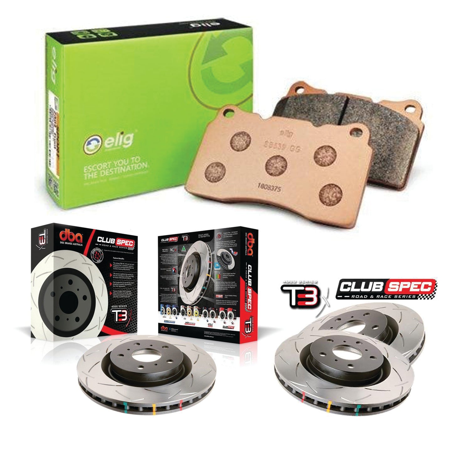 DBA + Elig - Front & Rear Brake Package - DBA T3 Club Spec Rotors + Elig Sports - Brake pads - STi GD (01-07)
