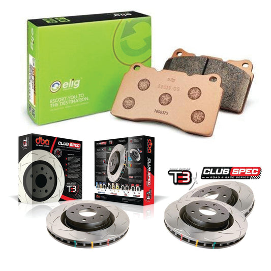 DBA + Elig - Front & Rear Brake Package - DBA T3 Club Spec Rotors + Elig Sports - Brake pads - WRX GD (01-07)