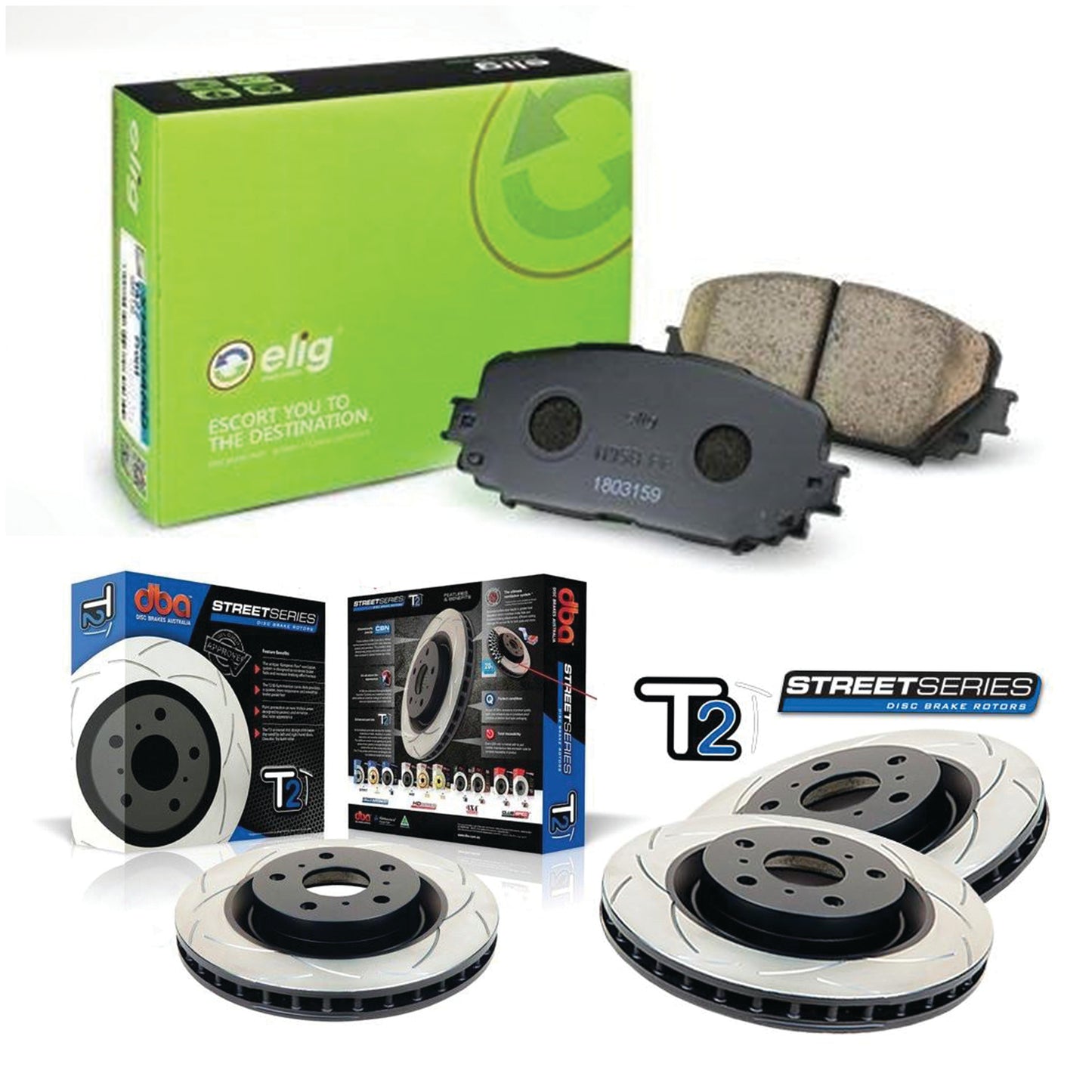 DBA + Elig Front & Rear Brake Package - DBA T2 Slotted Rotors + Elig Street - Brake pads - STi (01-07)